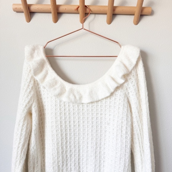 Anthropologie Cream Ruffled Boat Neck Sweater - Picture 11 of 13